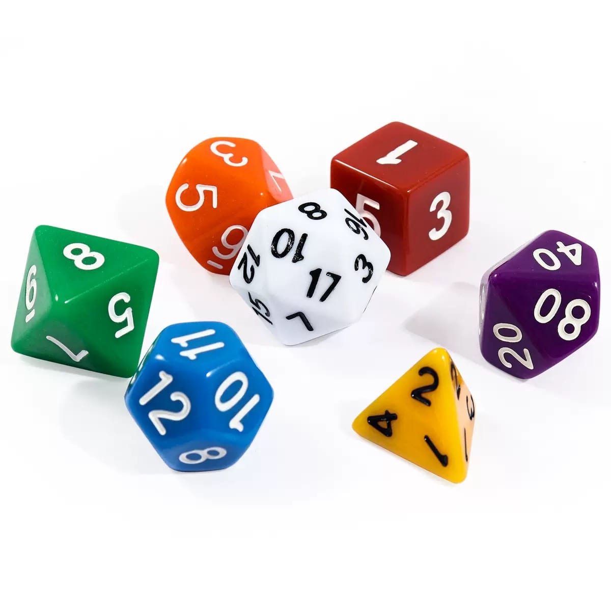 A rainbow range of solid-color polyhedral dice sets for a private-label brand