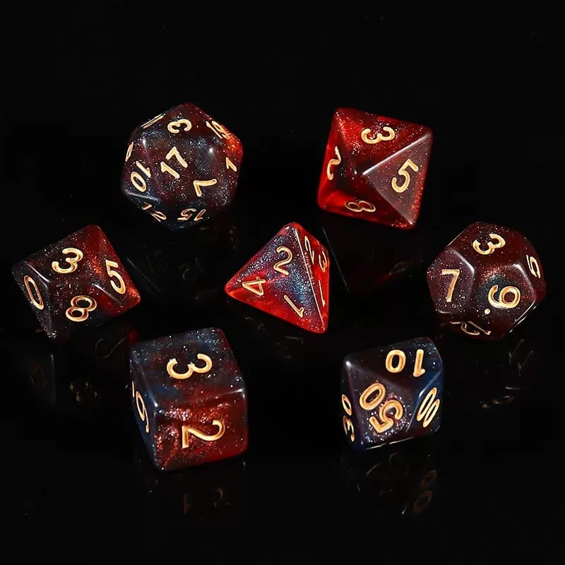 A seven-piece D&D polyhedral dice set in red and blue galaxy acrylic
