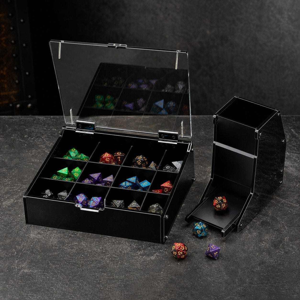 A display tower showing a collection of polyhedral dice sets