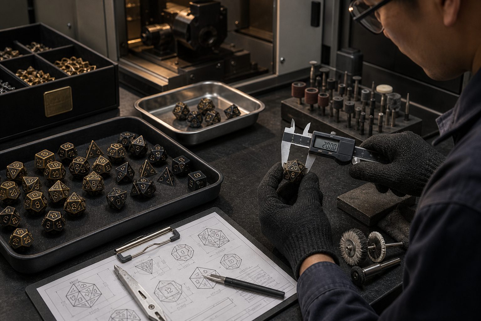 Technician measuring and finishing black metal polyhedral dice at a QC bench