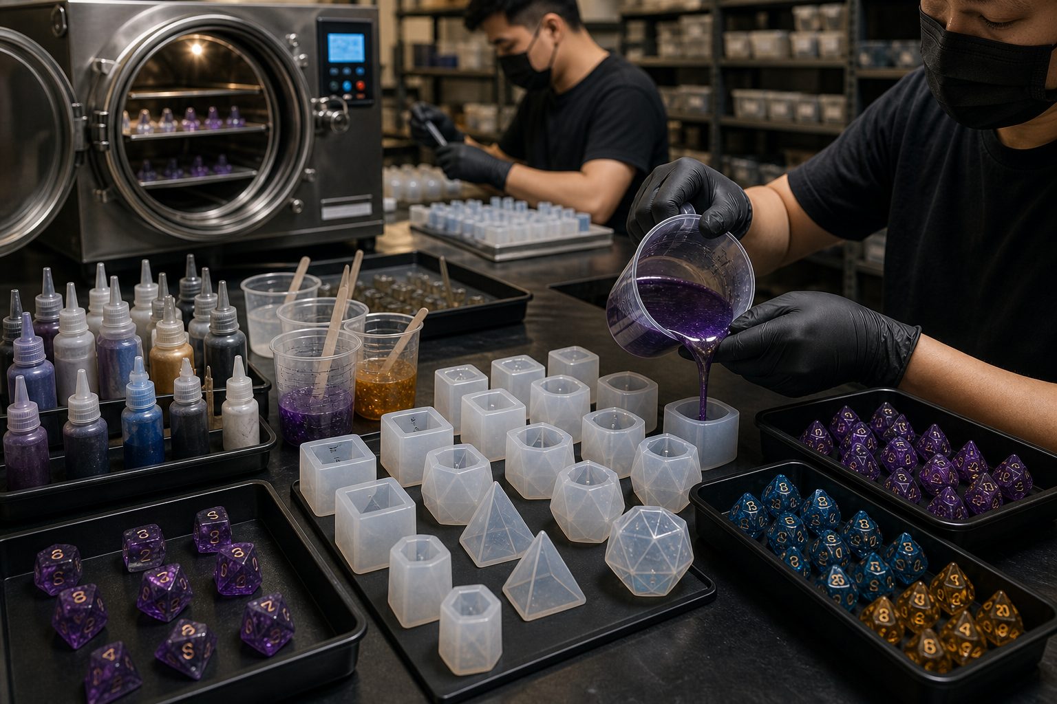 Technician pouring colored resin into polyhedral dice molds beside a curing chamber