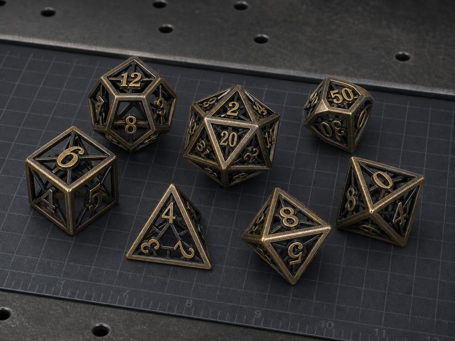 Antique brass openwork hollow metal polyhedral dice set