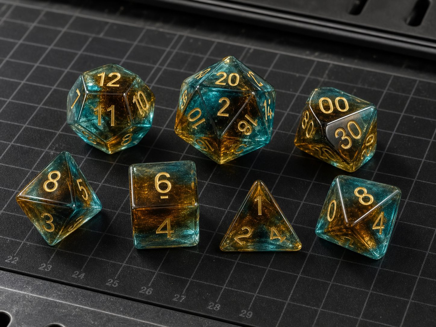 Polished translucent liuli polyhedral dice with layered color depth