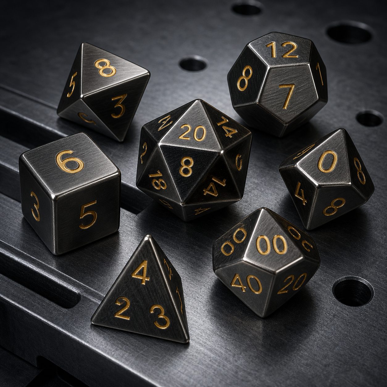 Brushed gunmetal polyhedral dice with engraved gold numbers