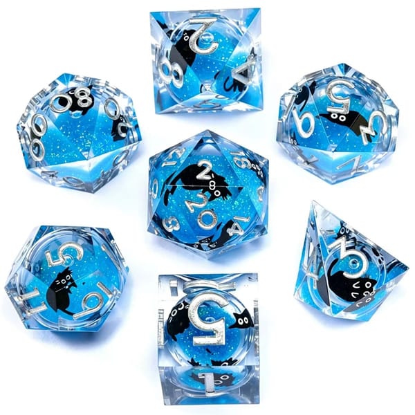 In-stock sharp-edge resin dice with a blue glitter liquid core and a black cat, silver numbers