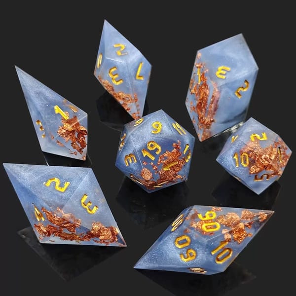 In-stock blue-grey sharp-edge resin dice with copper foil flakes and gold numbers