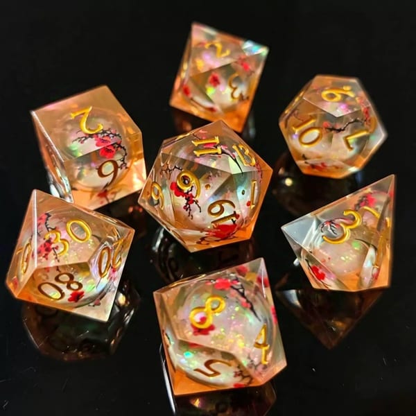 In-stock clear sharp-edge resin dice with red cherry blossoms, opal flakes and gold numbers