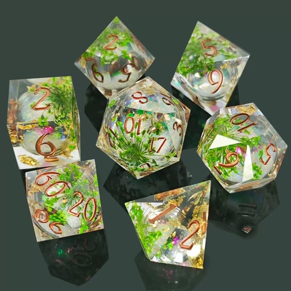 In-stock sharp-edge resin dice with dried flowers and gold foil and copper numbers