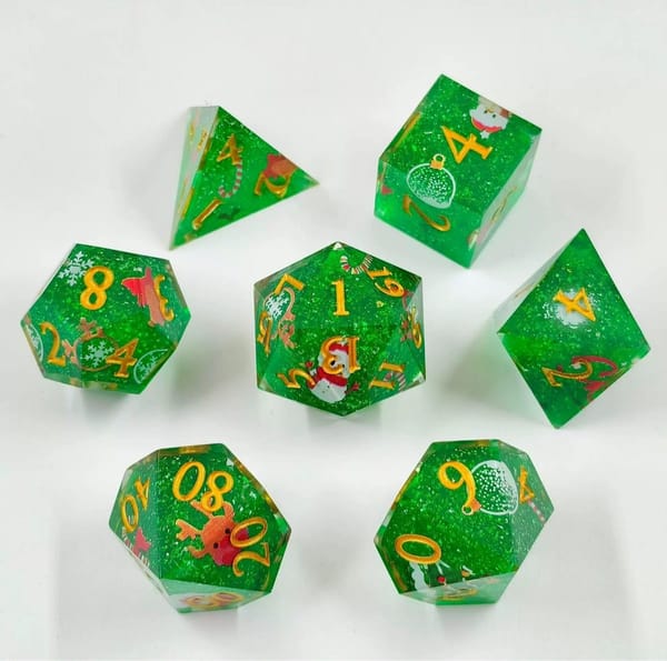 In-stock green glitter sharp-edge resin dice with Christmas inclusions and gold numbers
