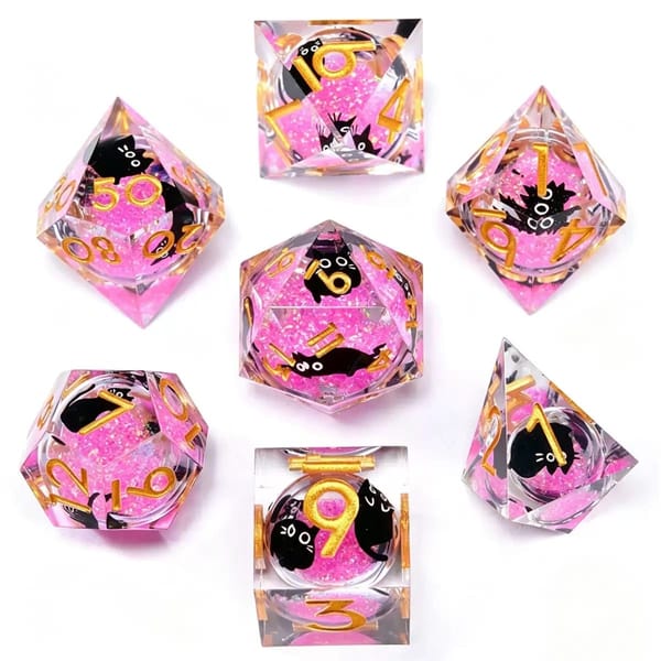 In-stock sharp-edge resin dice with a pink glitter liquid core and a black cat, gold numbers