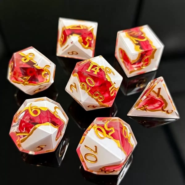 In-stock sharp-edge resin dice in red and white marble with gold numbers
