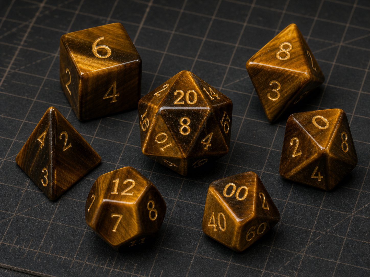Natural tiger's eye gemstone polyhedral dice set with gold numbers